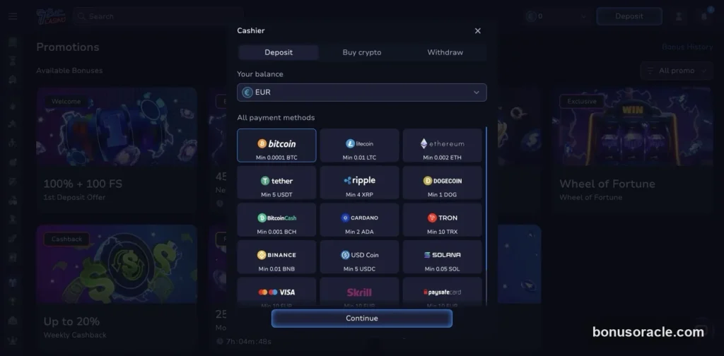 7Bit Cashier: Bitcoin, ETH, USDT, XRP, DOGE, BCH, ADA, TRON, BNB, USDC, SOL plus Visa, Skrill and paysafecard, EUR., captured 2026-06-08