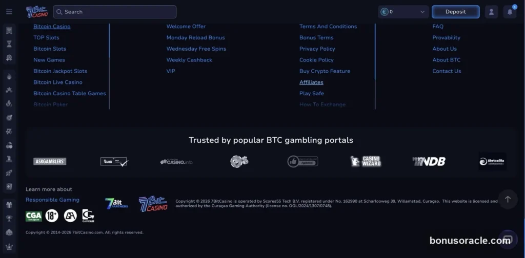7Bit Footer: Curaçao Gaming Authority license OGL/2024/1307/0748, Scores55 Tech B.V., 18+ and GamCare responsible gaming., captured 2026-06-08