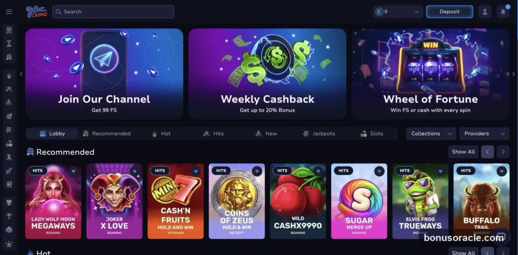 7Bit Lobby: Weekly Cashback up to 20%, Wheel of Fortune, plus Lady Wolf Moon Megaways and Joker X Love tiles, EUR balance., captured 2026-06-08