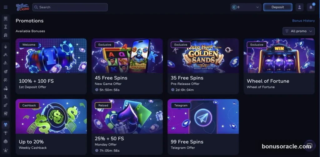 7Bit Promotions: Welcome 100% + 100 FS, 45 and 35 Free Spins offers, Weekly Cashback 20%, Reload 25% + 50 FS., captured 2026-06-08
