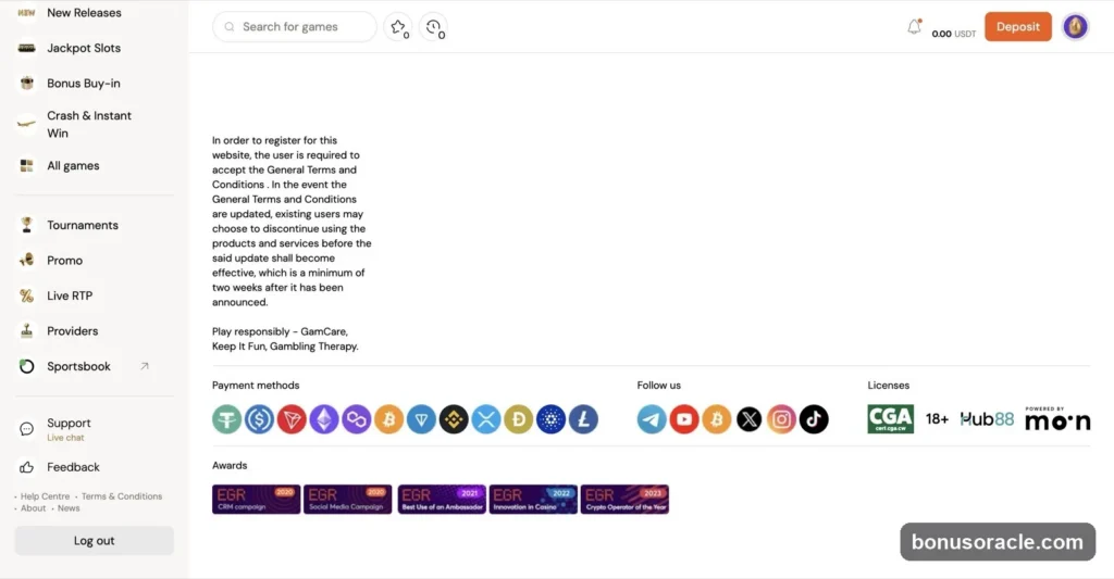 Bitcasino.io Footer: Curaçao eGaming (CGA) licence via Moon Technologies, crypto payment wall, GamCare and EGR Crypto Operator awards., captured 2026-06-08