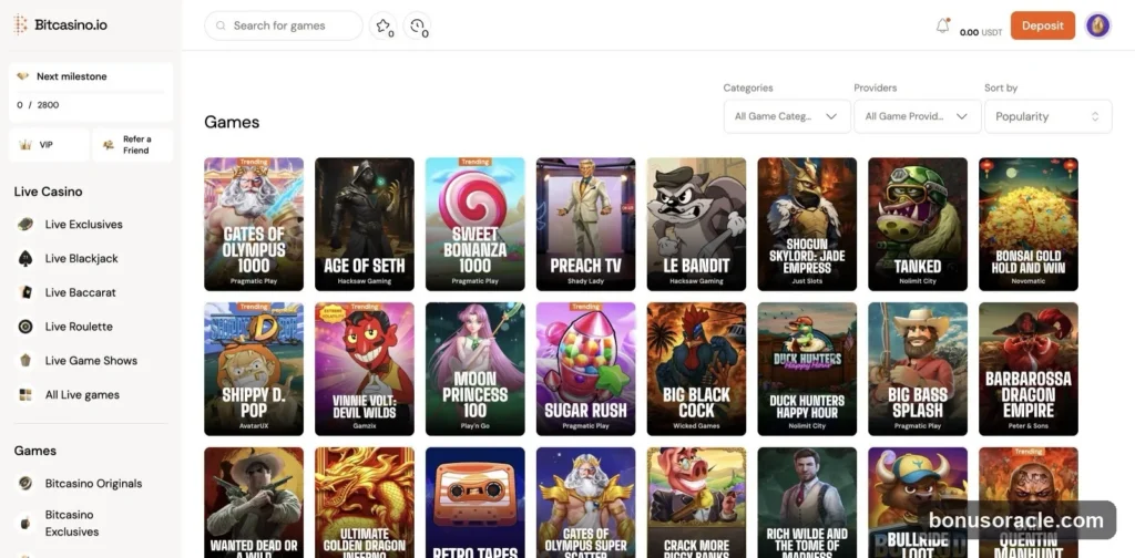Bitcasino.io Games grid: Gates of Olympus 1000, Sweet Bonanza 1000, Sugar Rush and Big Bass Splash with provider and Trending tags., captured 2026-06-08