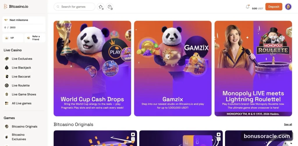 Bitcasino.io Lobby: World Cup Cash Drops, Gamzix up to 1,000,000 USDT and Monopoly LIVE roulette, USDT balance, Live Casino menu., captured 2026-06-08