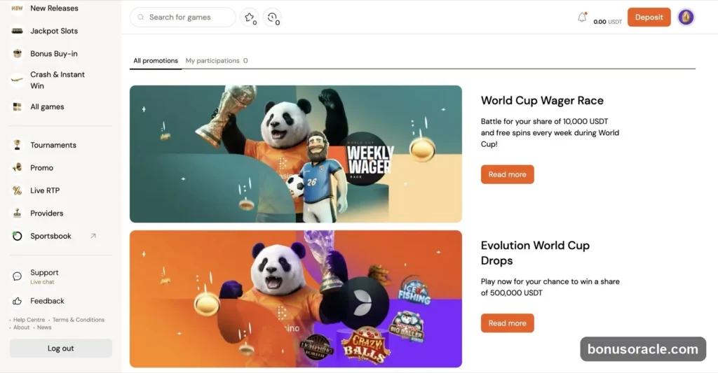 Bitcasino.io Promotions: World Cup Wager Race for 10,000 USDT plus free spins, and Evolution World Cup Drops for 500,000 USDT., captured 2026-06-08