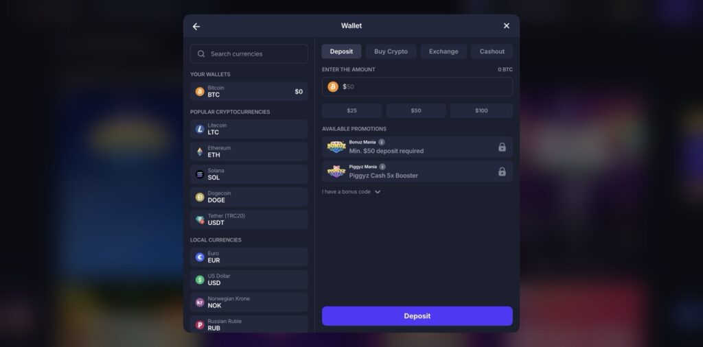 BitStarz Cashier wallet: BTC, LTC, ETH, SOL, DOGE and USDT crypto plus EUR/USD/NOK fiat, with Buy Crypto, Exchange and Cashout tabs., captured 2026-06-07