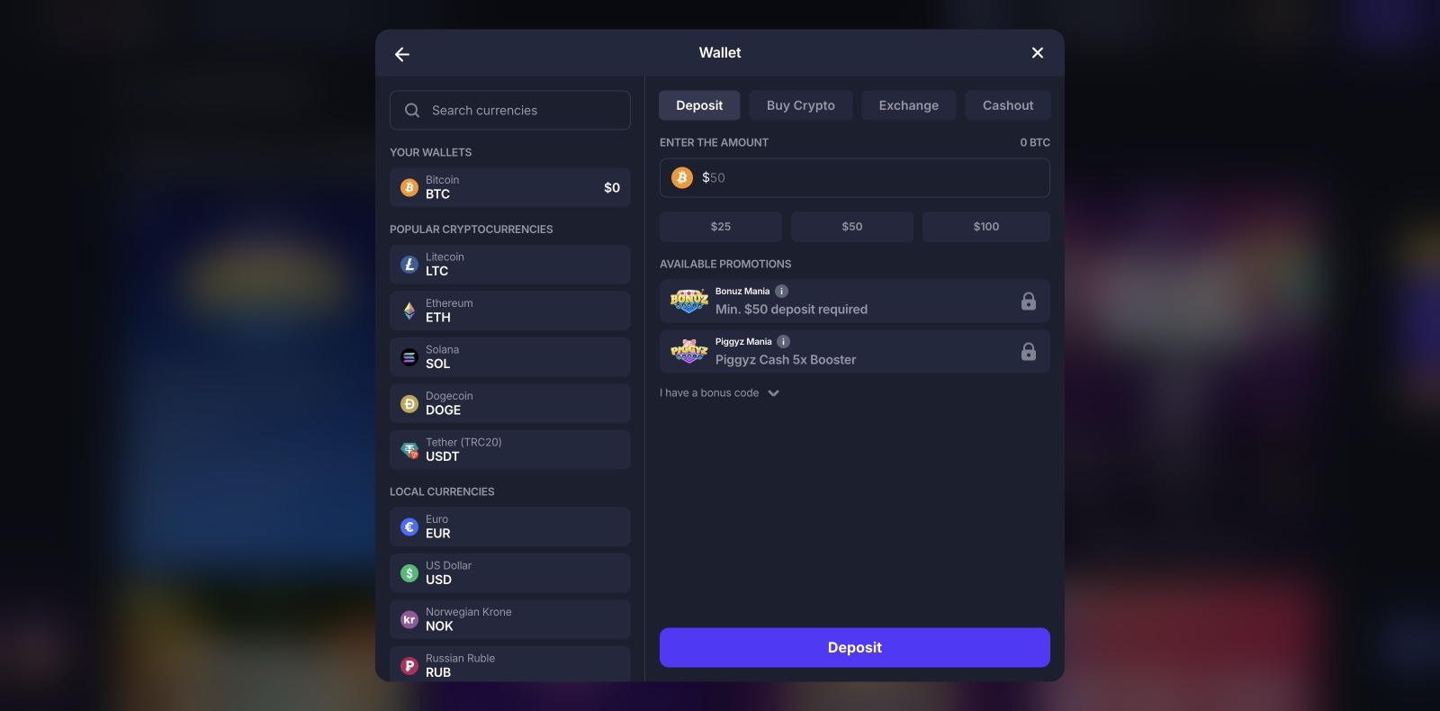 BitStarz Cashier wallet: BTC, LTC, ETH, SOL, DOGE and USDT crypto plus EUR/USD/NOK fiat, with Buy Crypto, Exchange and Cashout tabs., captured 2026-06-07