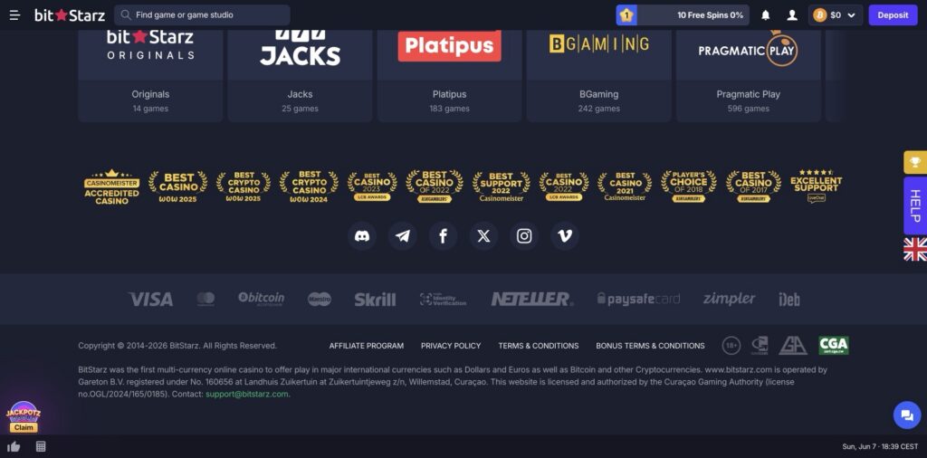BitStarz Footer: Curaçao Gaming Authority licence OGL/2024/165/0185, operator Gareton B.V. (reg. 160656), plus provider and payment logos., captured 2026-06-07