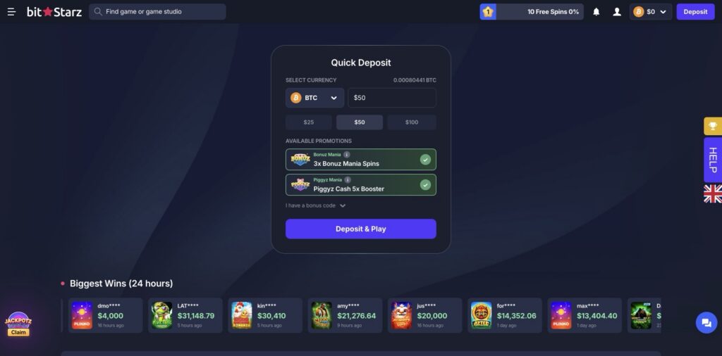 BitStarz BitStarz logged-in lobby with Quick Deposit (BTC) and a live Biggest Wins feed, observed June 2026 from a Slovenia exit-IP., captured 2026-06-07