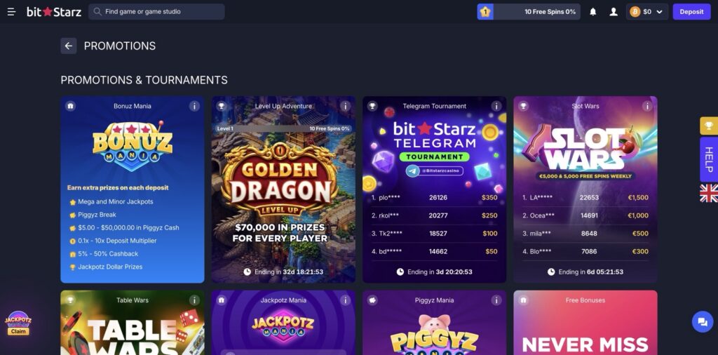 BitStarz Promotions hub: Bonuz Mania, Golden Dragon Level-Up ($70K pool), Slot Wars and a Telegram Tournament, all live June 2026., captured 2026-06-07