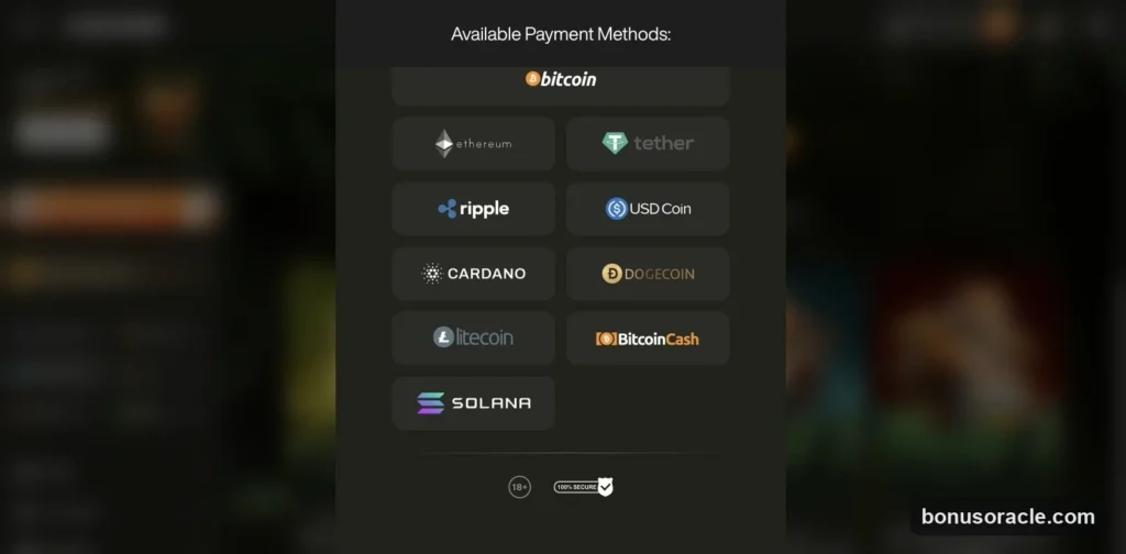 CashWin Cashier: Bitcoin, Ethereum, Tether, Ripple, USD Coin, Cardano, Dogecoin, Litecoin, BitcoinCash and Solana, 18+ secure., captured 2026-06-08