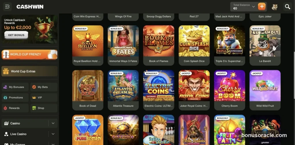 CashWin Slots library: Book of Dead, Le Bandit, Joker Royal Coins and Cherry Boom with Bonus Buy and Jackpot tags., captured 2026-06-08