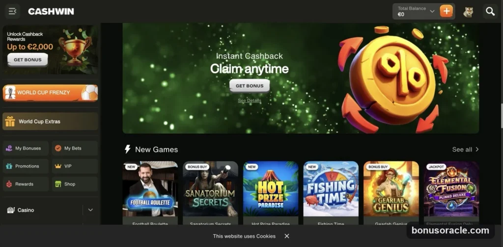 CashWin Lobby: Instant Cashback, Unlock Cashback up to €2,000, World Cup Frenzy, plus New Games like Football Roulette, €0 EUR., captured 2026-06-08