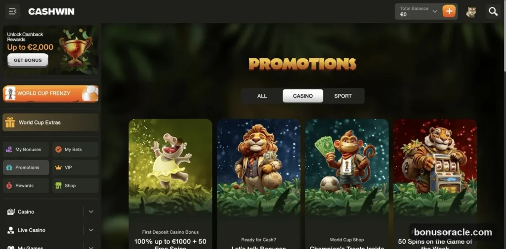 CashWin Promotions: 100% up to €1000 + 50 Free Spins welcome, the World Cup Shop and 50 Free Spins on the Game of the Week., captured 2026-06-08