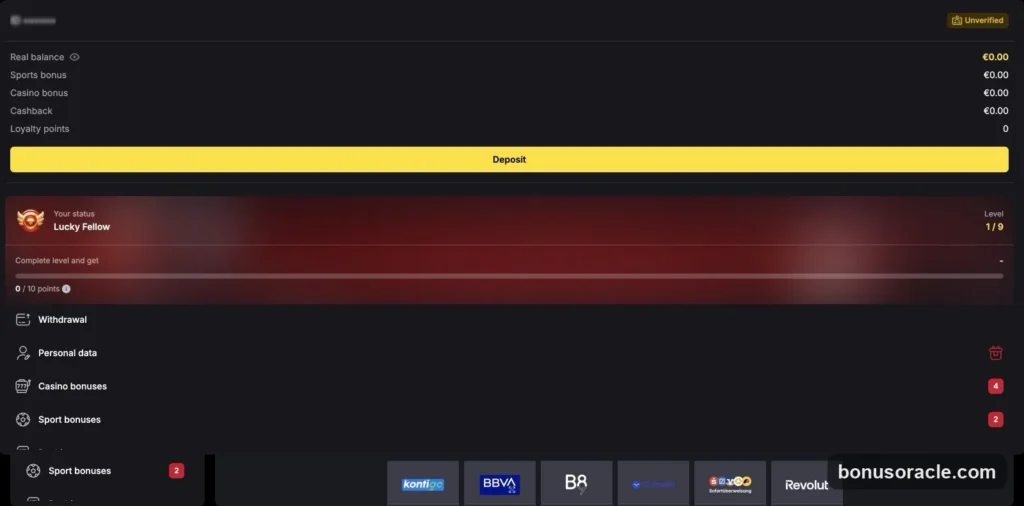Fiery Play Cashier: real balance plus sports, casino and cashback bonus breakdown with one-tap Deposit, EUR., captured 2026-06-08