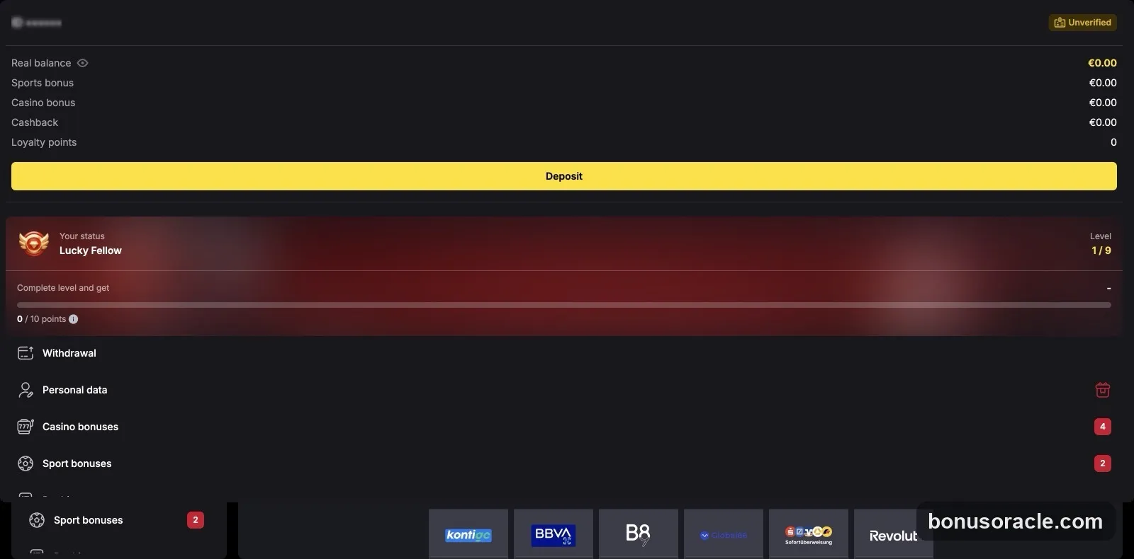 Fiery Play Cashier: real balance plus sports, casino and cashback bonus breakdown with one-tap Deposit, EUR., captured 2026-06-08