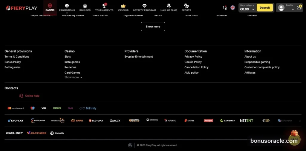 Fiery Play Footer: payment wall (Visa, Mastercard, Skrill, Neteller, MiFinity), Evoplay and NetEnt providers, 18+ responsible gaming., captured 2026-06-08