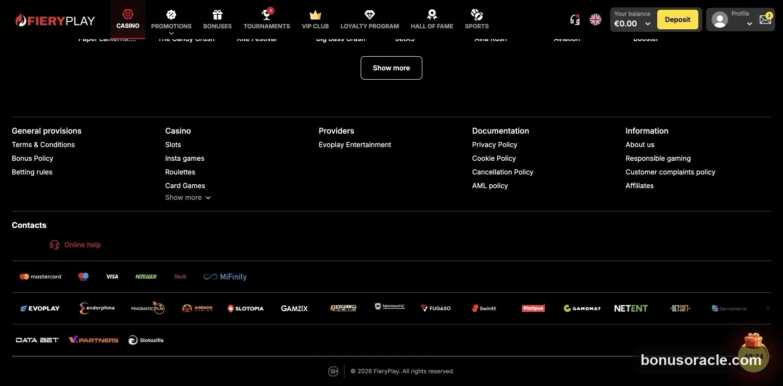 Fiery Play Footer: payment wall (Visa, Mastercard, Skrill, Neteller, MiFinity), Evoplay and NetEnt providers, 18+ responsible gaming., captured 2026-06-08