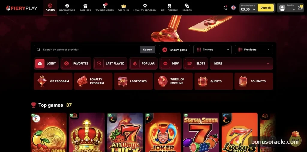 Fiery Play Slots library with Play and Demo: Crown Coins, All Ways Luck and Joker Stoker among Top games 37., captured 2026-06-08