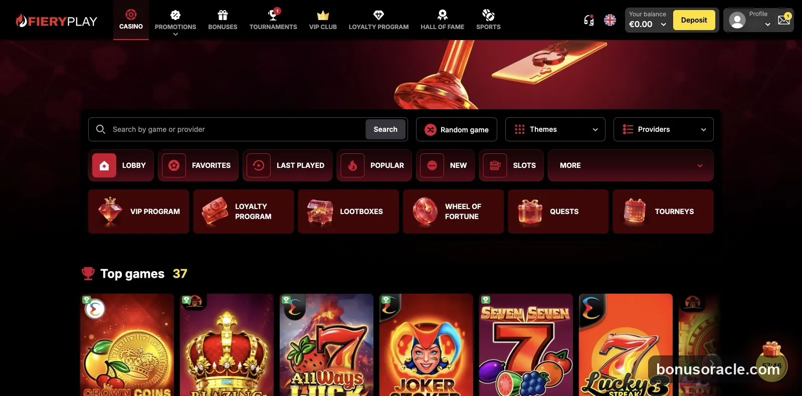 Fiery Play Slots library with Play and Demo: Crown Coins, All Ways Luck and Joker Stoker among Top games 37., captured 2026-06-08