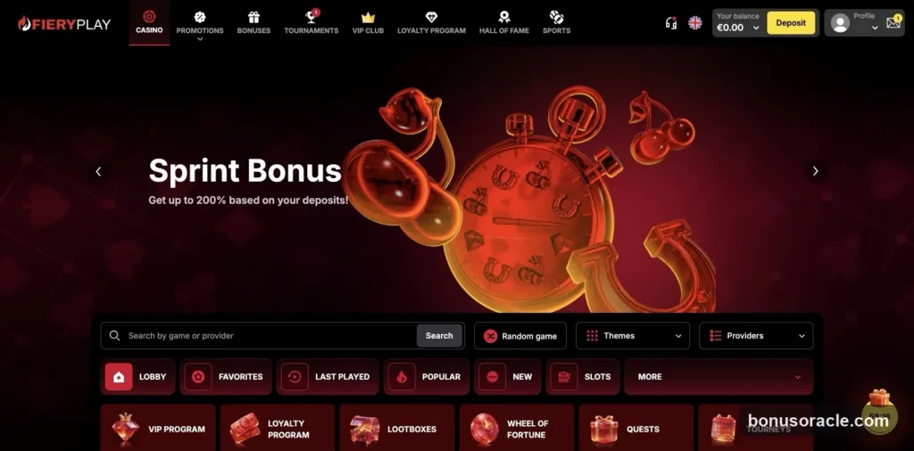 Fiery Play Lobby: Sprint Bonus up to 200%, VIP Club, Lootboxes and Wheel of Fortune, EUR balance., captured 2026-06-08