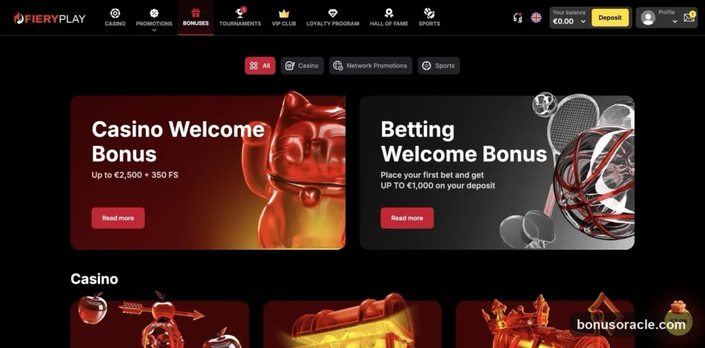 Fiery Play Promotions: Casino Welcome Bonus up to €2,500 + 350 FS, and a €1,000 betting welcome bonus., captured 2026-06-08