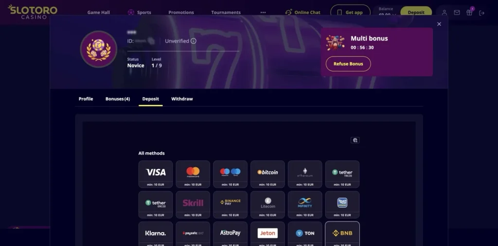 Slotoro Cashier methods: Visa, Mastercard, Skrill, Neteller, Klarna, paysafecard, AstroPay, Jeton and crypto, min €10., captured 2026-06-08
