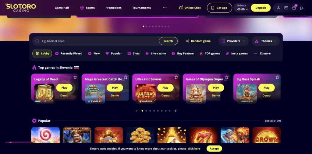 Slotoro Slots library with Play and Demo: Legacy of Dead, Gates of Olympus, Big Bass Splash and Ultra Hot Sevens among 109+ titles., captured 2026-06-08