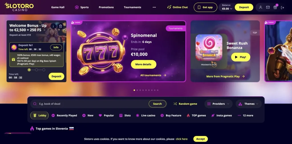 Slotoro Lobby: Welcome Bonus up to €2,500 + 250 FS, a €10,000 Spinomenal tournament and Top games in Slovenia, EUR balance., captured 2026-06-08