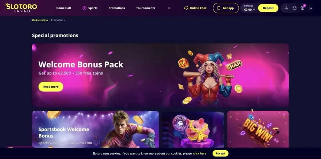 Slotoro Promotions: Welcome Bonus Pack up to €2,500 plus 250 free spins, and a €700 sportsbook welcome bonus., captured 2026-06-08