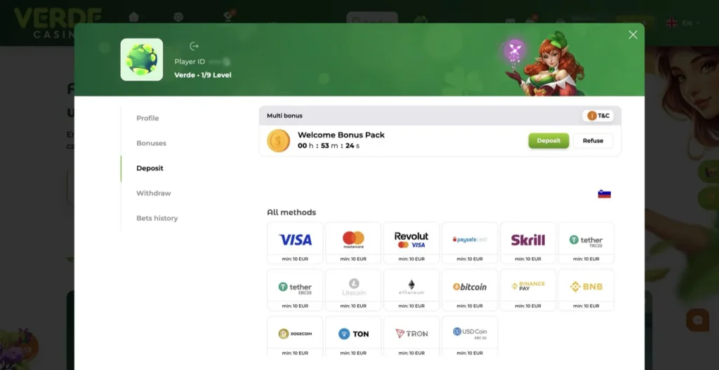 Verde Cashier methods: Visa, Mastercard, Revolut, Skrill and crypto (BTC, ETH, USDT, BNB), min €10., captured 2026-06-08