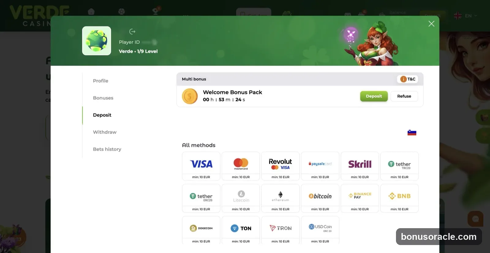 Verde Cashier methods: Visa, Mastercard, Revolut, Skrill and crypto (BTC, ETH, USDT, BNB), min €10., captured 2026-06-08