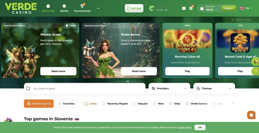 Verde Lobby with the promotions carousel and Top games in Slovenia, EUR balance and English interface., captured 2026-06-08