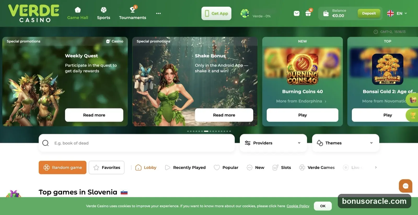 Verde Lobby with the promotions carousel and Top games in Slovenia, EUR balance and English interface., captured 2026-06-08