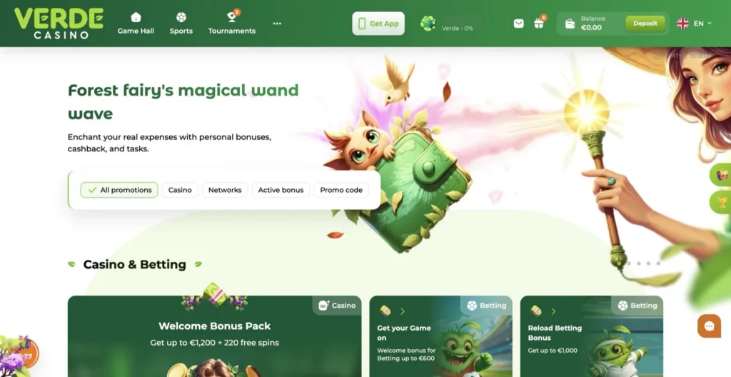 Verde Promotions page: Welcome Bonus Pack up to €1,200 plus 220 free spins, and betting bonuses., captured 2026-06-08