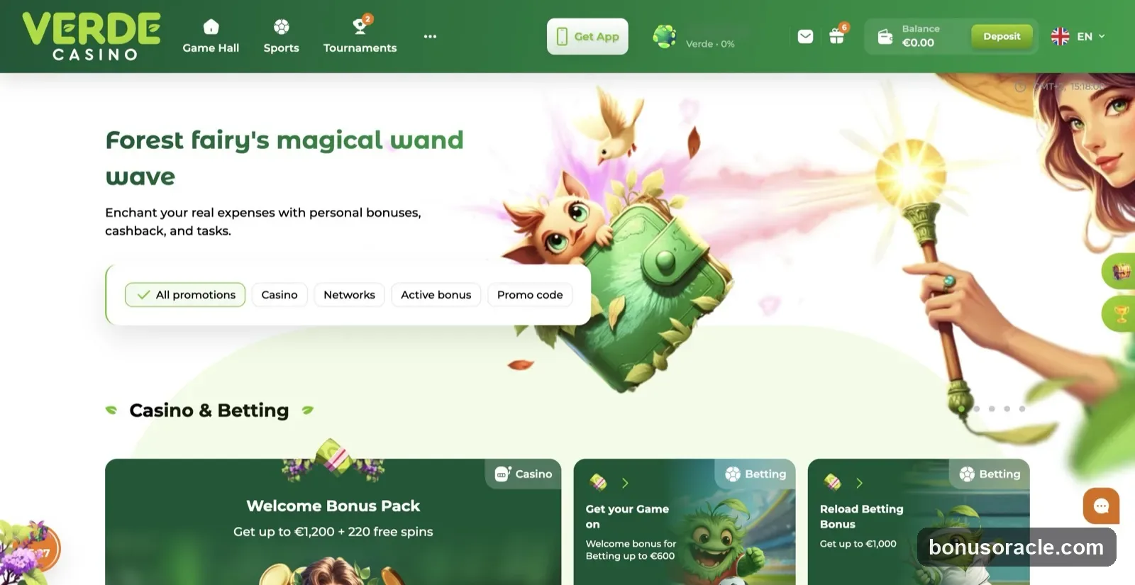 Verde Promotions page: Welcome Bonus Pack up to €1,200 plus 220 free spins, and betting bonuses., captured 2026-06-08