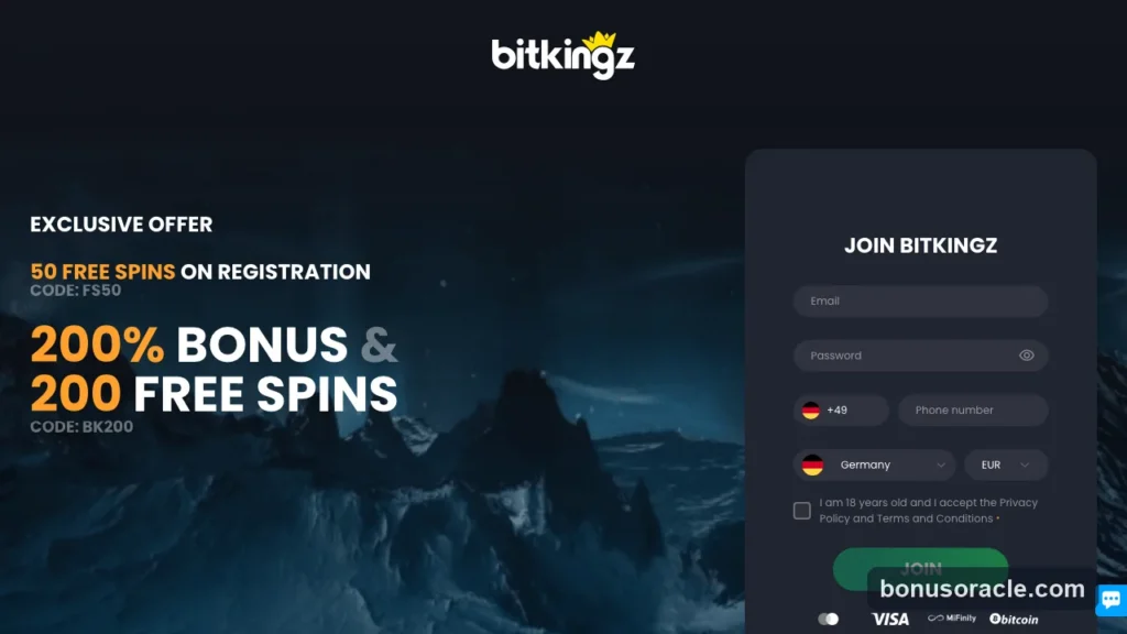 BitKingz Casino welcome offer, 200% plus 200 free spins and 50 free spins on registration