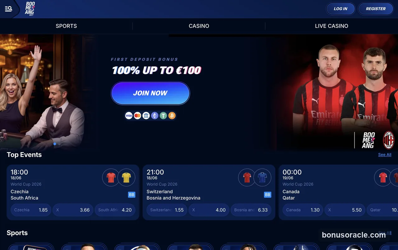 Bonus di benvenuto e lobby del casinò Boomerang Bet (acquisito il 18-<a href=