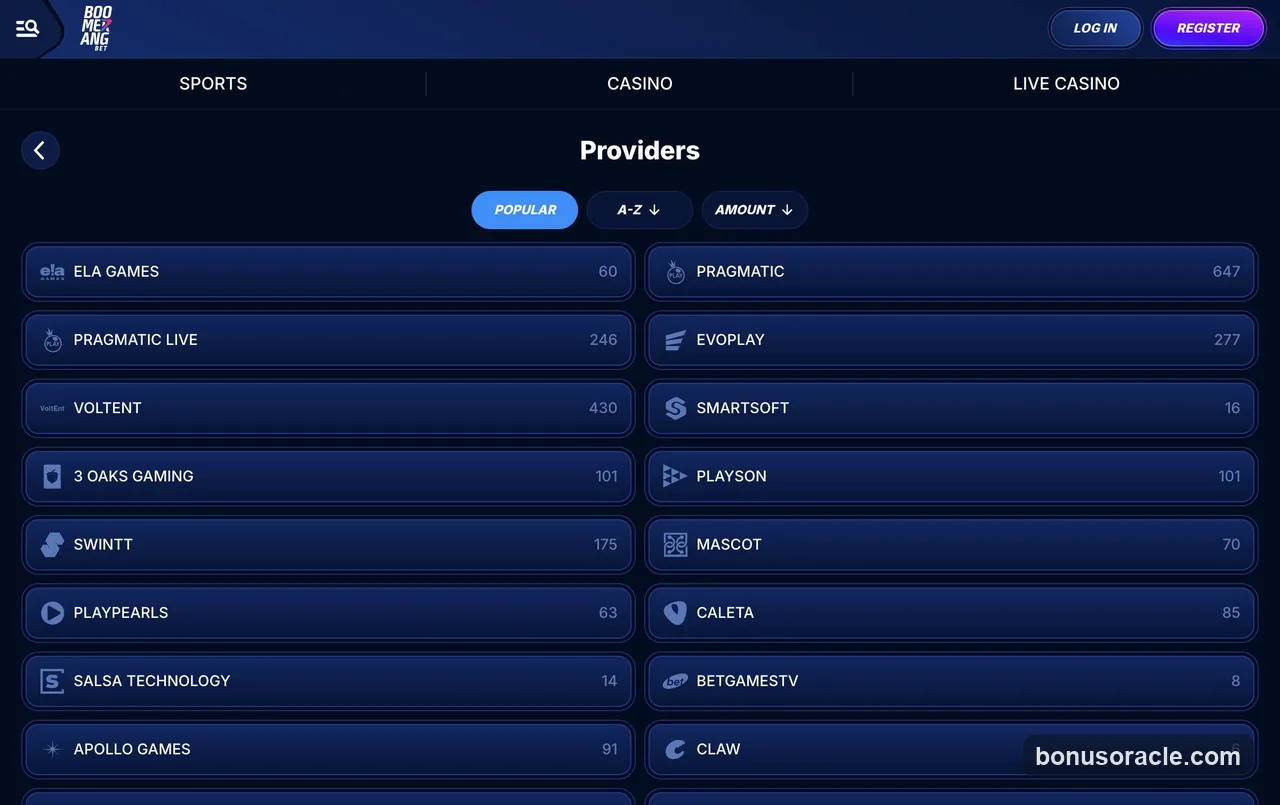 Pagina dei provider di gioco di Boomerang Bet (acquisito il 18-<a href=