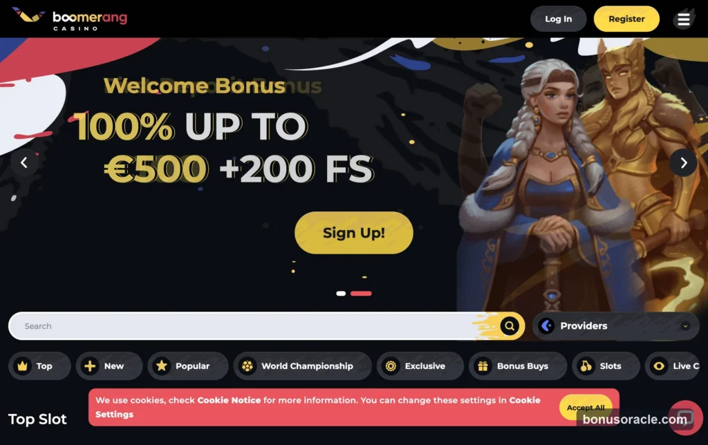 Boomerang Casino lobby with the 100% up to 500 euro welcome and 200 free spins