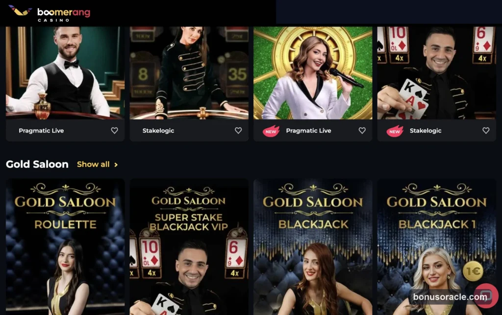 Boomerang Casino live-casino floor with branded tables