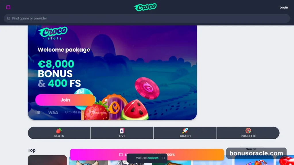Crocoslots Casino lobby and the up-to-8,000 EUR welcome package