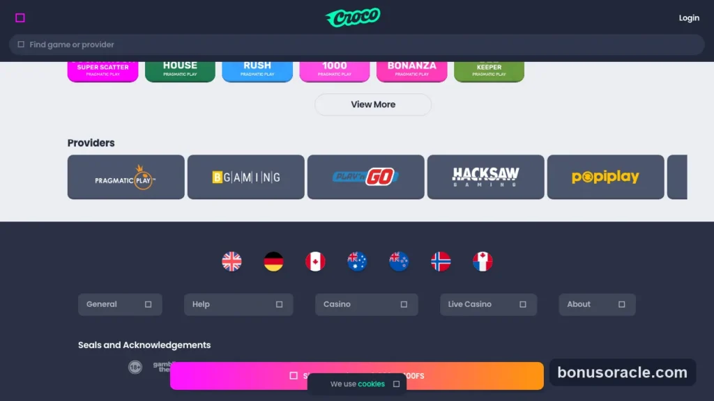 Crocoslots Casino slots lobby with Pragmatic Play titles