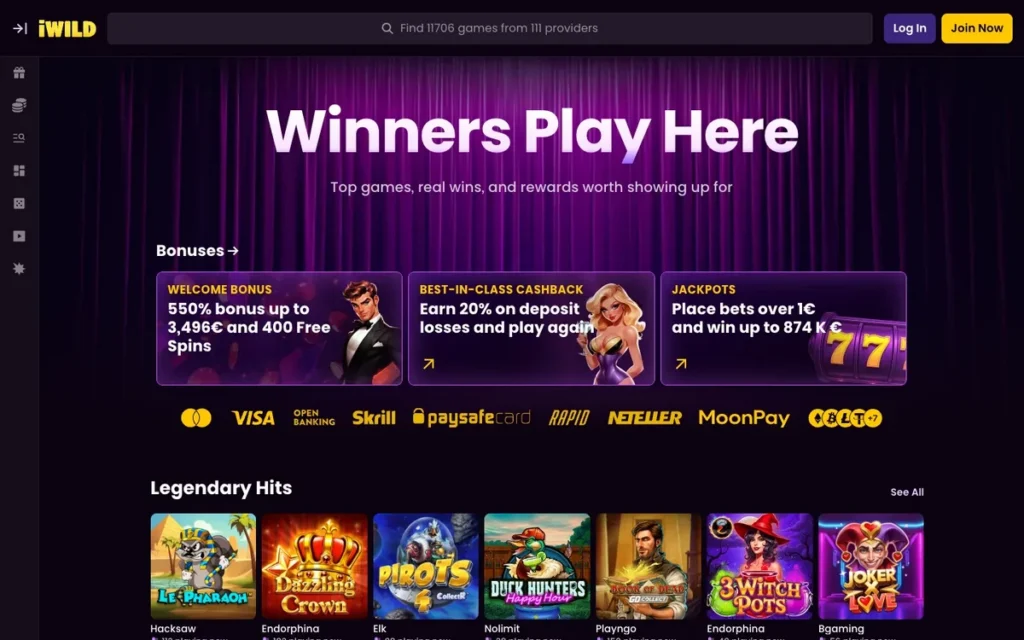 iWild homepage with the 550% welcome and 11,706 games