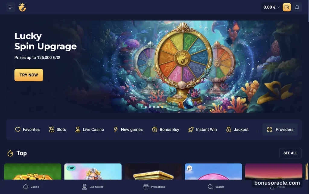 Joo Casino lobby and Lucky Spin Upgrade promotion