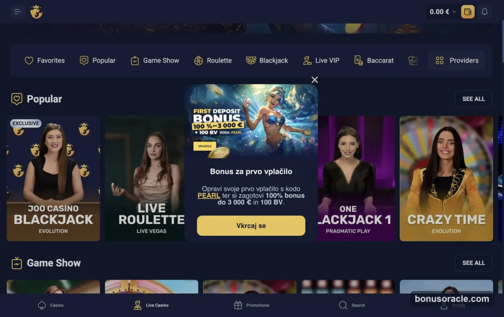 Joo Casino live-casino lobby
