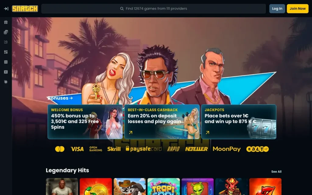 Snatch homepage with the 550% welcome and 11,706 games
