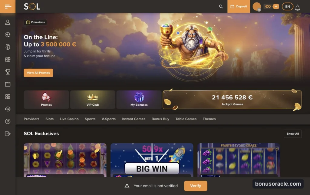 Sol Casino lobby with the 3.5 million euro jackpot banner