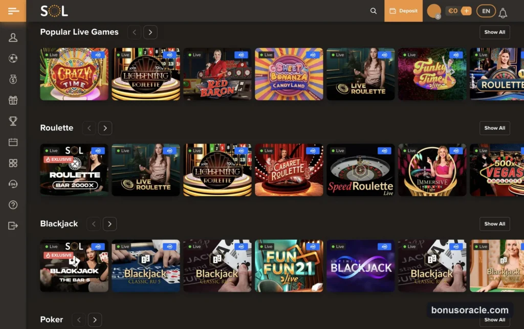 Sol Casino live-casino floor with Evolution and Pragmatic tables