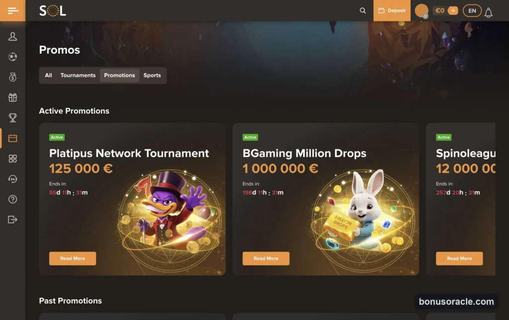 Sol Casino promotions: network tournaments and weekly prize pools