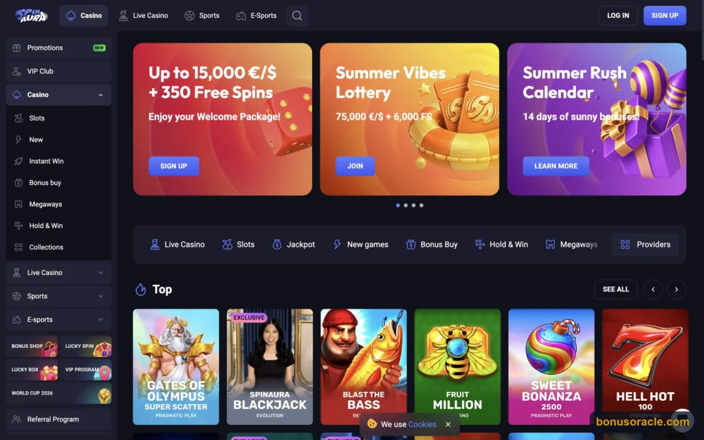 Spin Aura Casino lobby and the up-to-15,000 welcome package